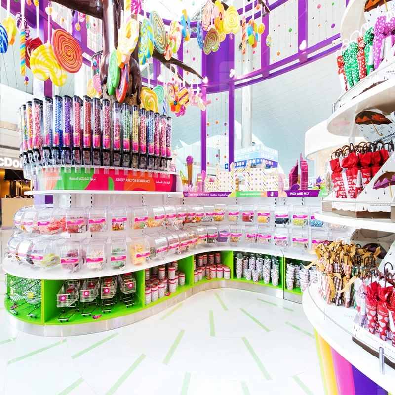 Customized-Fashion Candy Display Racks Confectionery Store Fixtures Sweet Display Furniture Sugar Custom Candy Shop Decorations