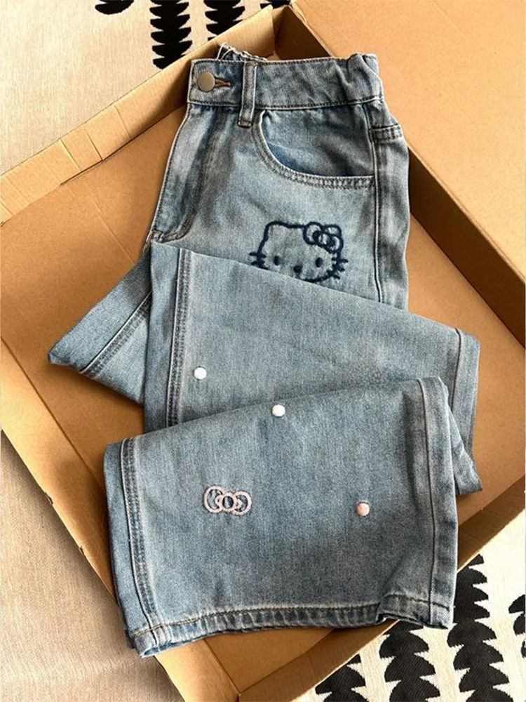 

American Retro Kit Embroidered Wide Leg Jeans Women's Loose Fit Slimming Floor-Length Pants Autumn Faion plus Size