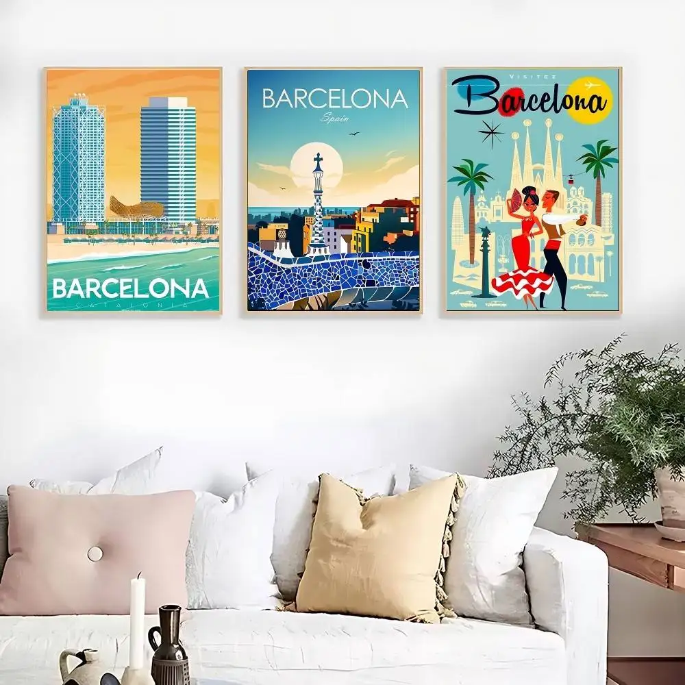 Barcelona Poster Kraft Club Bar Paper Vintage Posters Wall Art Painting Bedroom Study Stickers
