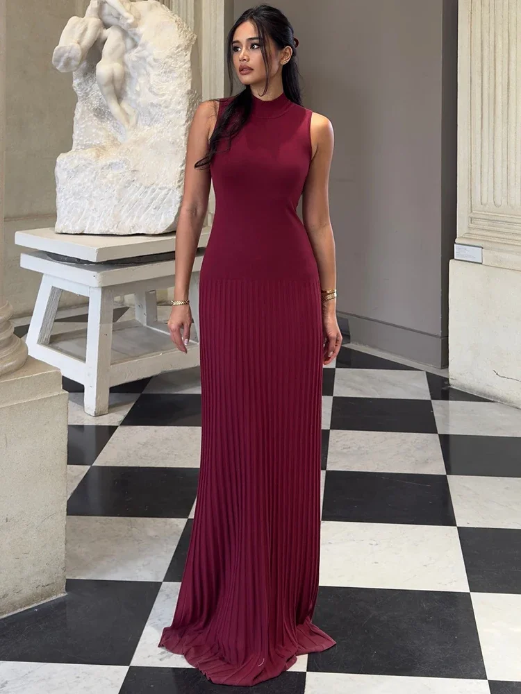 ครึ่งคอสูงแขนกุดถักชุด Maxi สําหรับผู้หญิงแฟชั่น Bodycon เซ็กซี่ยาวถักเสื้อกันหนาว