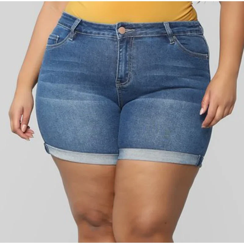 Jean slim en denim bleu pour femme, pantalon court à sertir, grande taille, 3XL, 4XL, ourlet roulé, décontracté, été