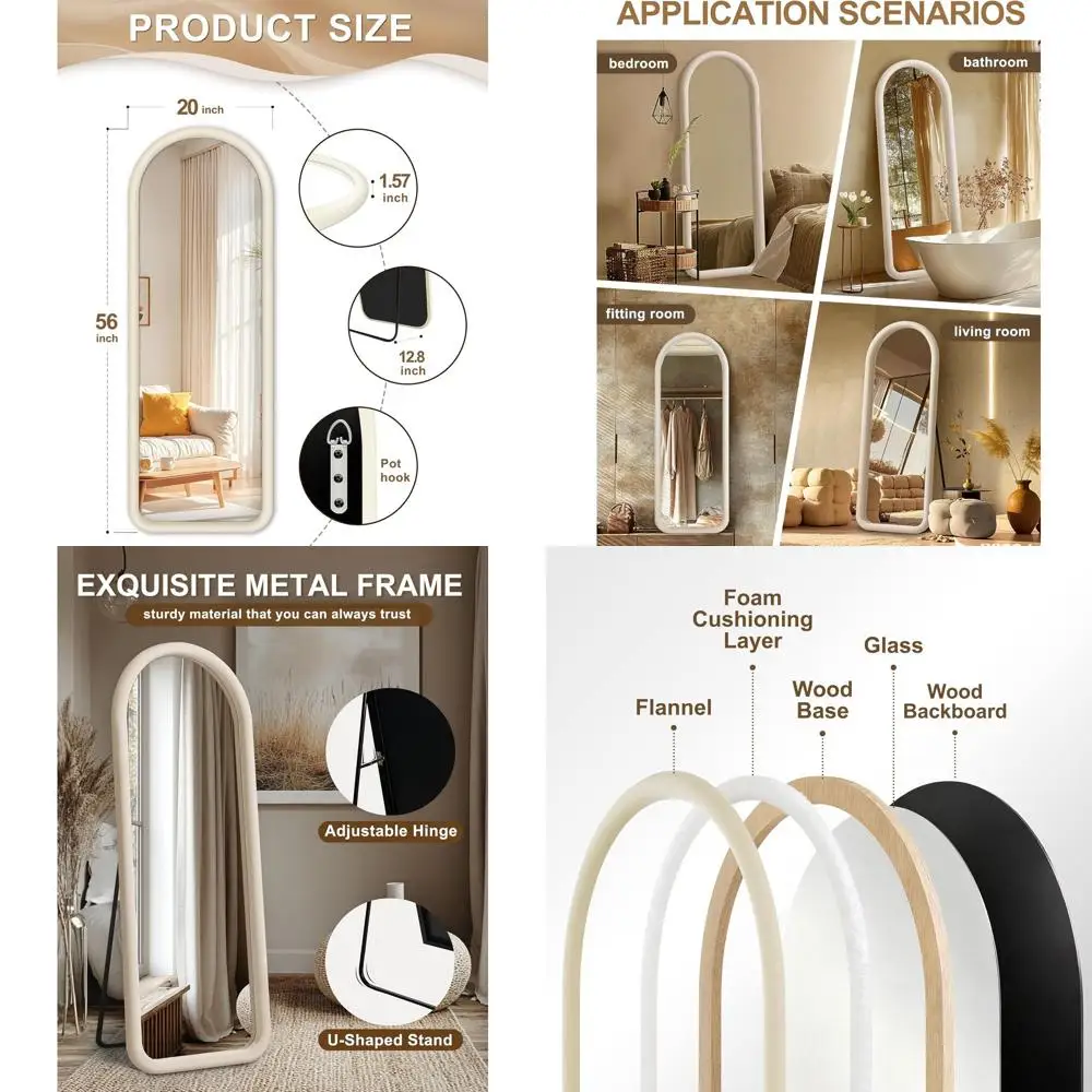 

Отдельно стоящее арочное напольное зеркало с фланелевой рамой, идеально подходит для спальни и гостиной, кремово-белый