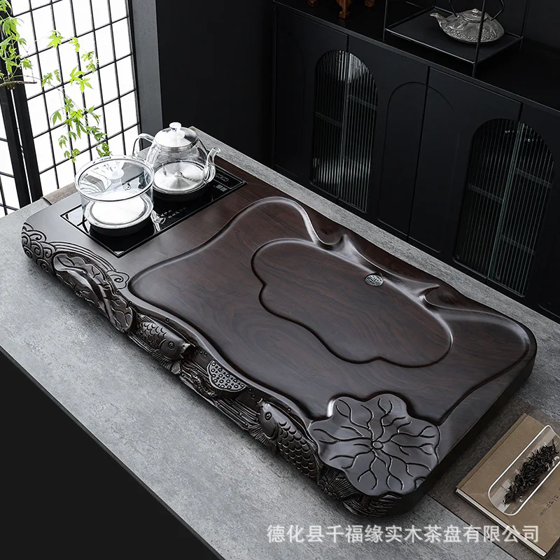 

Whole black sandalwood tea tray Solid wood Kung Fu tea set Drainage tray Household simple flat size Tea table silk flower