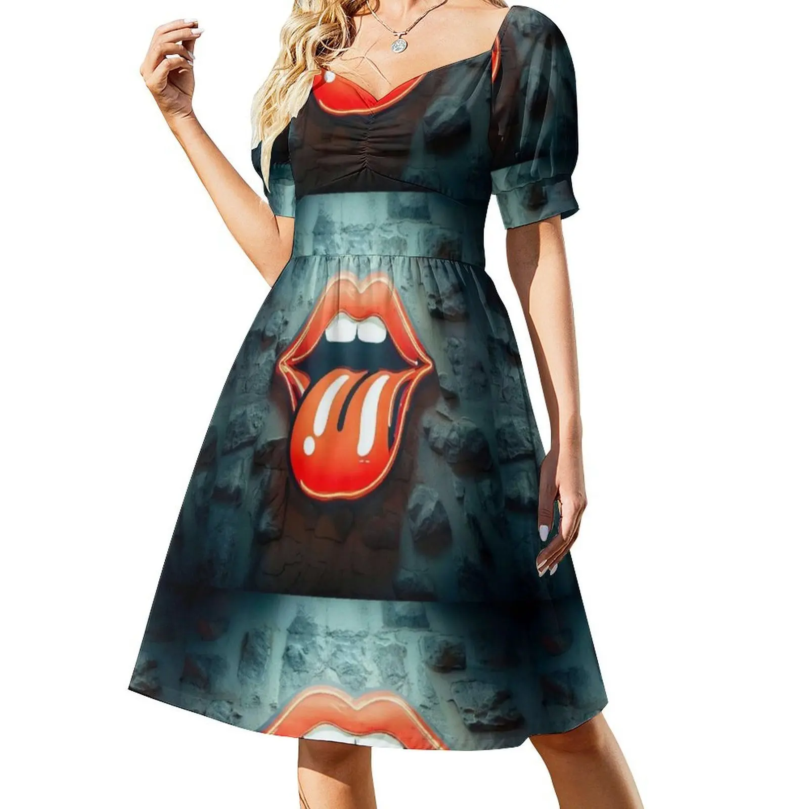 ضوء النيون على الحائط الحضري: فستان على الطراز الكوري لللسان والشفاه للنساء فستان كاجوال أنيق للحفلات أو الارتداء اليومي ضوء النيون #2