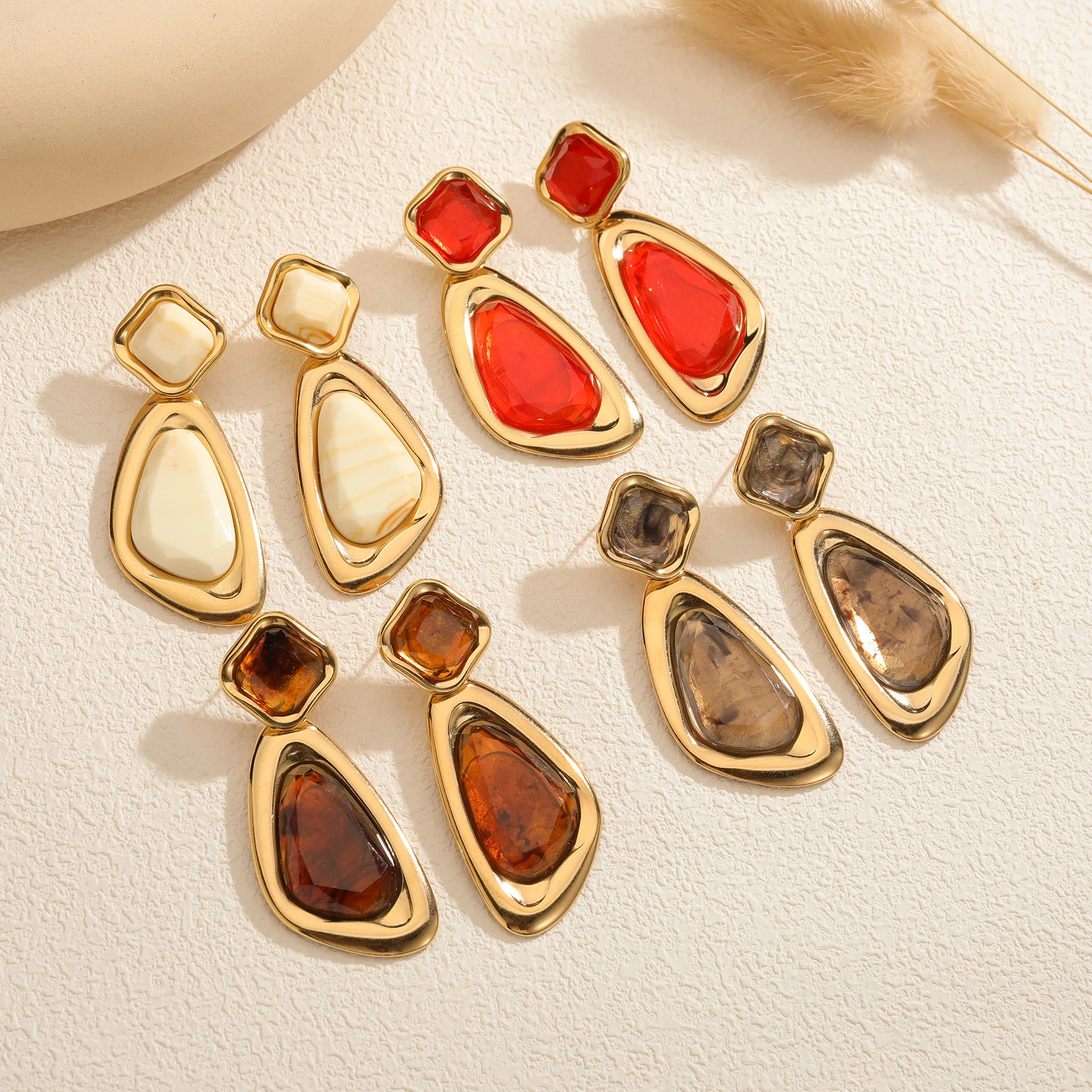 Kissmoon Vintage Geometric Shiny Zircon Drop Earring for Women Stainless Steel Retro Statement Bling Stone Earring Jewelry Gift