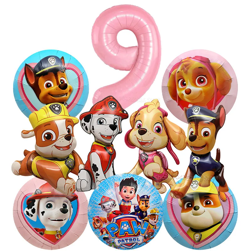 10-teiliges Paw Patrol Ballon-Set Hunde-Folienballons 32 Zoll Blau Rosa Zahlenballon für Kinder 1-9. Geburtstag Party-Dekoration für Jungen & Mädchen
