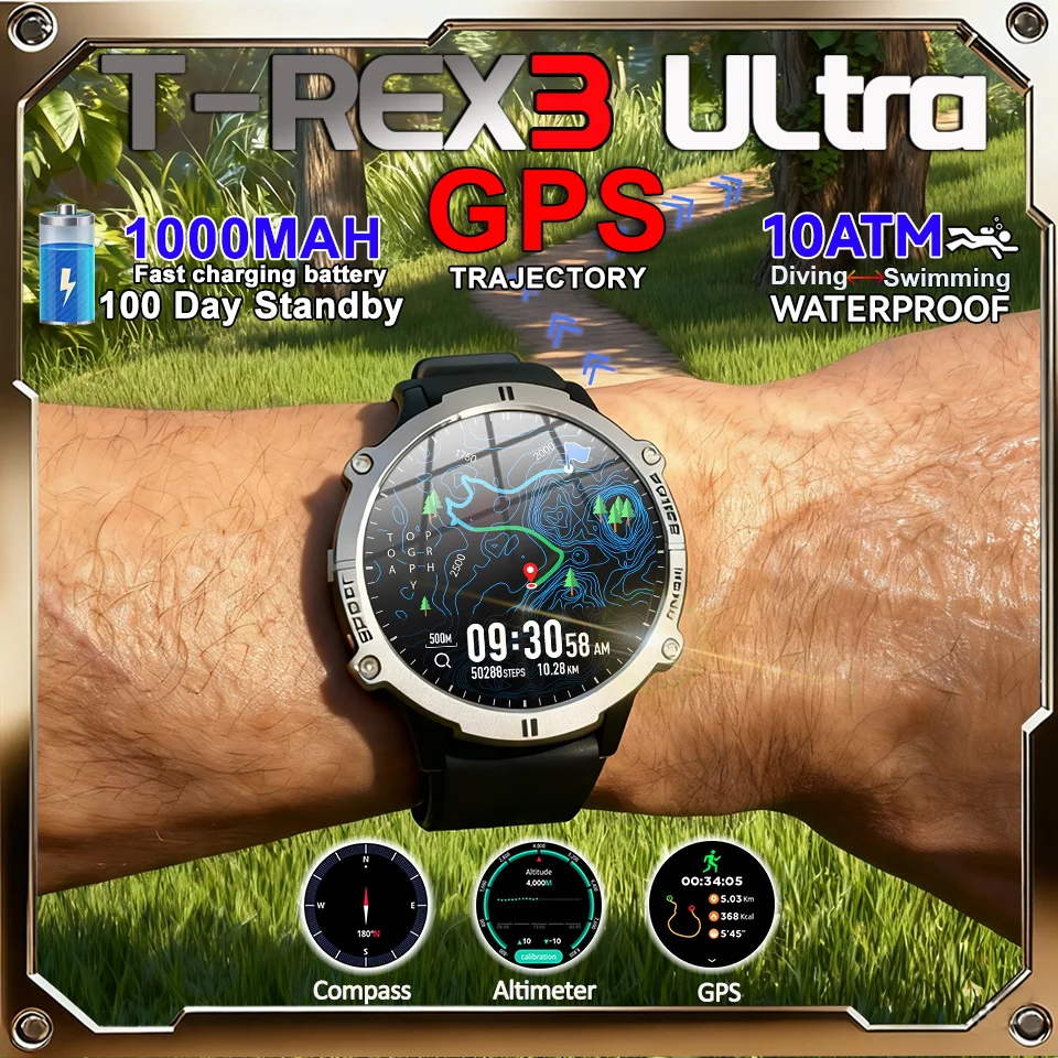 

2025 New Original T-Rex 3 GPS Smart Watch Men 10ATM Waterproof Swim Bracelet AMOLED 1000mAh Sports Fitness TANK T3 Clock Watches