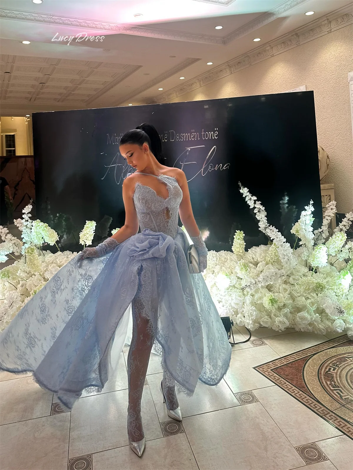 Lucy Organza One-Shoulder Sky Blue A-Line Elegant Evening Gown High-Low Dress Neckline Keycut Detail Large Waist Bow Customized