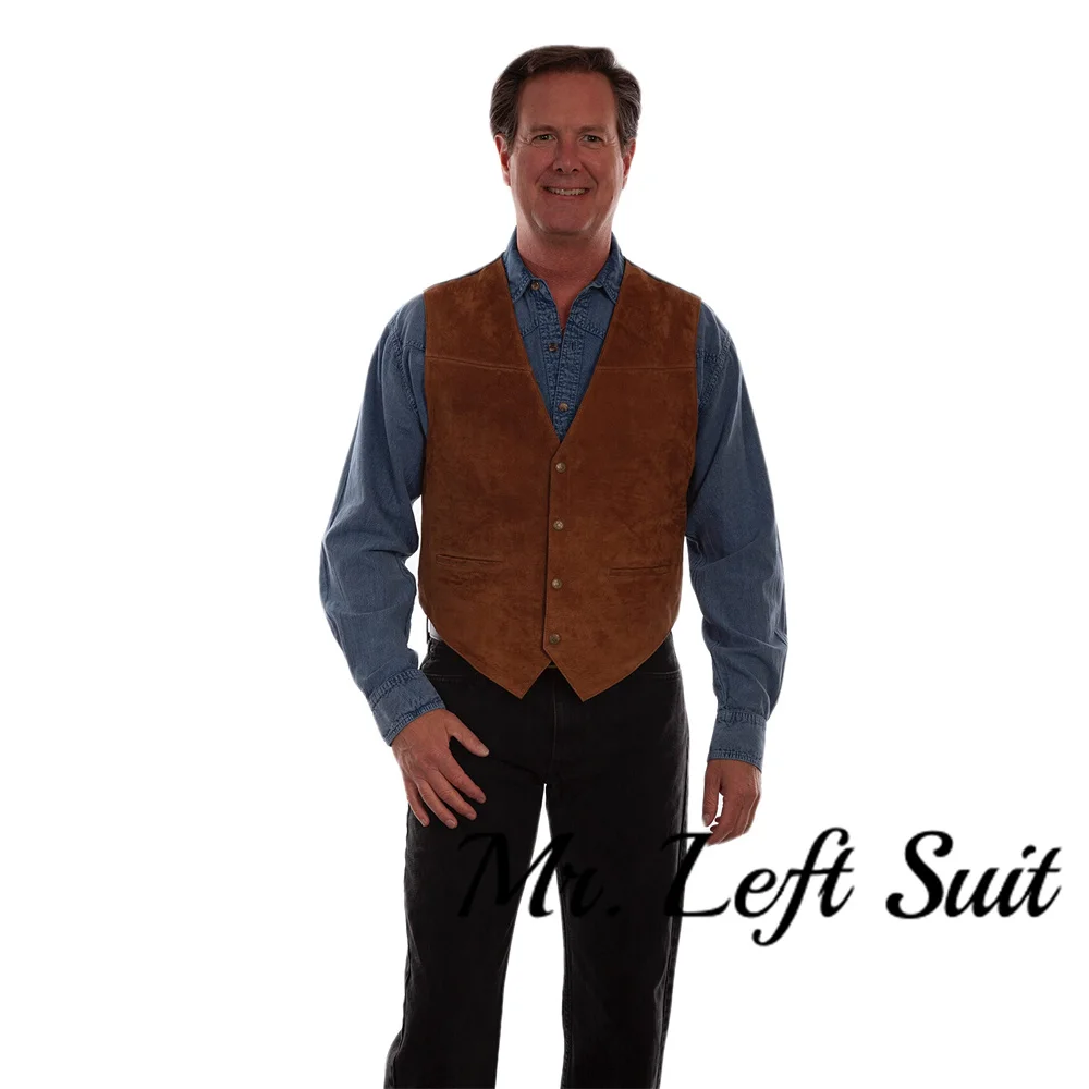 Mens Suede Leather Western Vest Waistcoat Man Western Cowboy Vests with Pockets