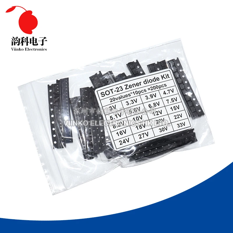 200pcs SMD SOT-23 Zener Diode Assorted Kit SOT23 3V-33V 20Values Each 10pcs DIY Samples Set