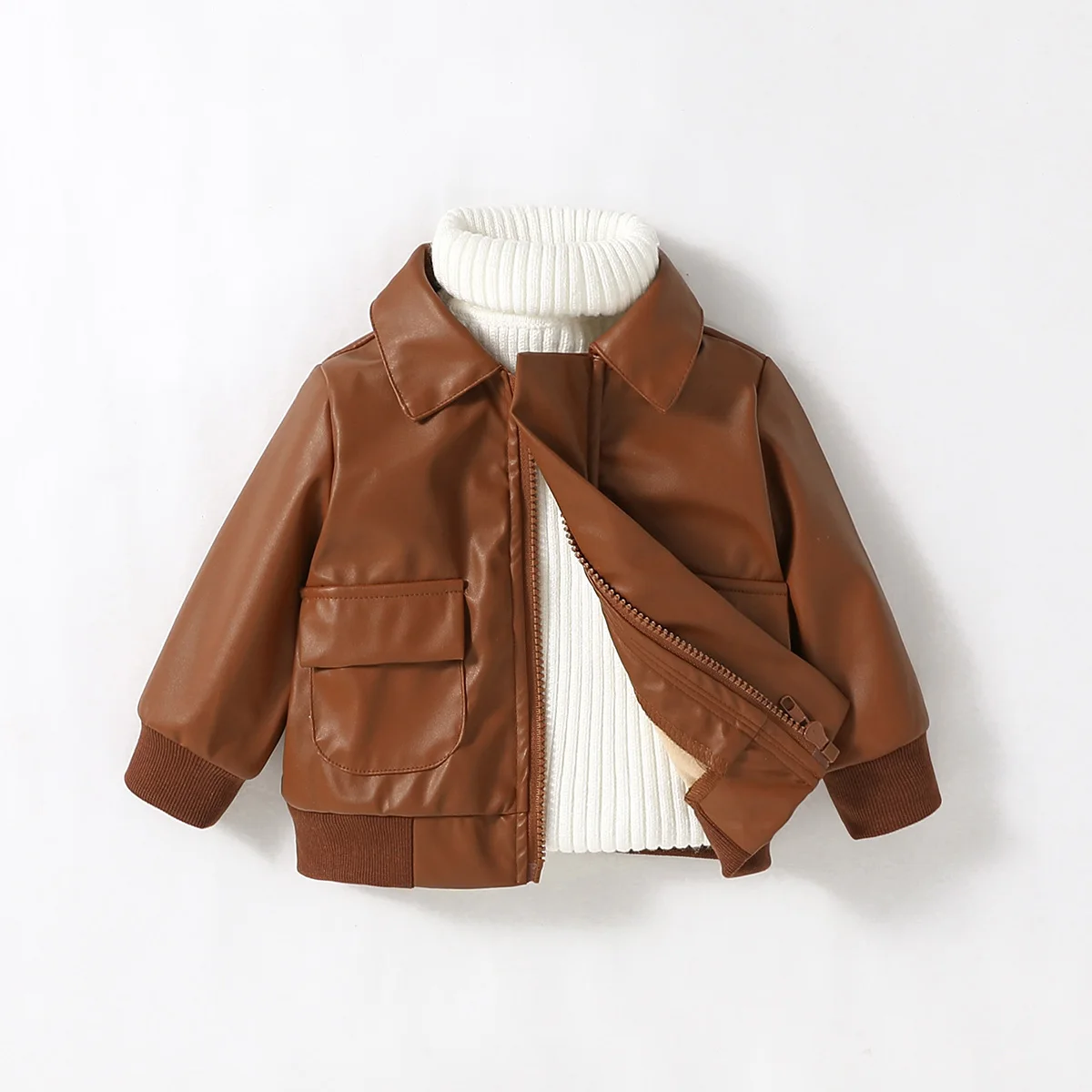 Baby Boys 2024 New Fashion Fall/Winter Long Sleeve Brown Leather Jacket With Pocket Streetwear Outdoor For 3M-3Y