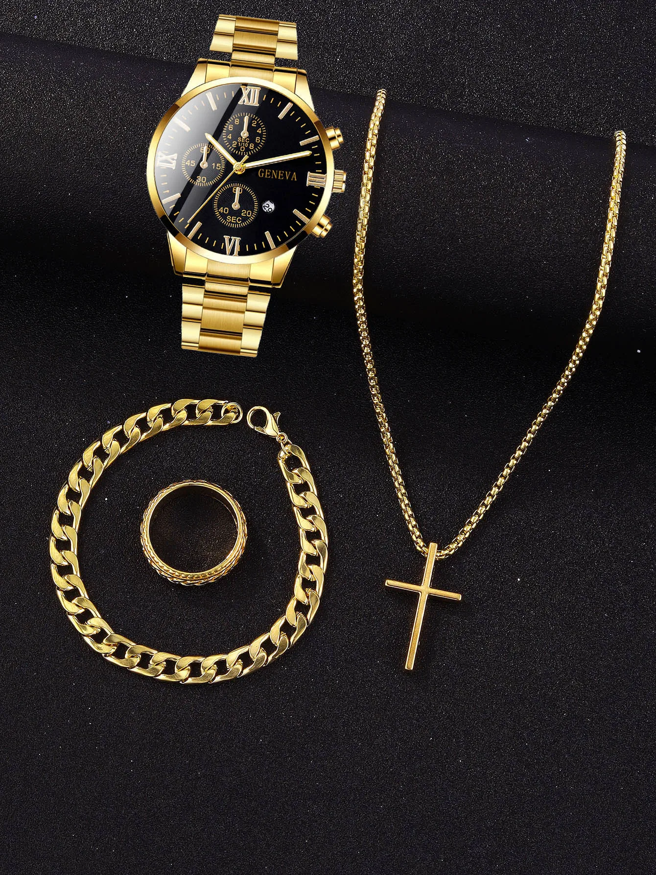 4pcs gold alloy Roman with calendar men\'s quartz watch and cross necklace bracelet ring set selected gift