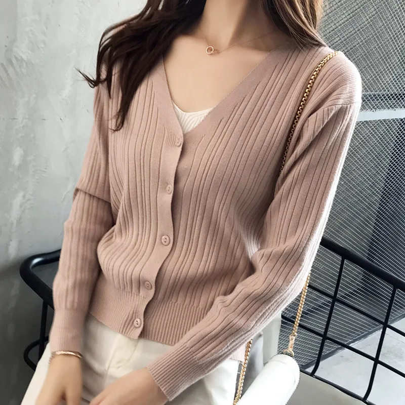 

Elegant Solid Button Sweaters Version V-neck Casual Fashion Versatile Short Soft And Sticky Knit Cardigan Jacket Top E873