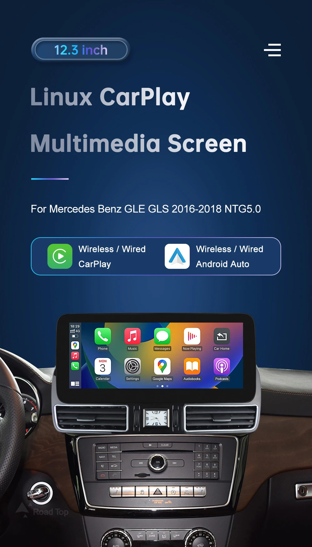 12.3'' Multimedia Display For BenzML W166 GL X166 GLE GLS 2012-2018 Touch Screen Wireless Carplay Navigation Android Auto