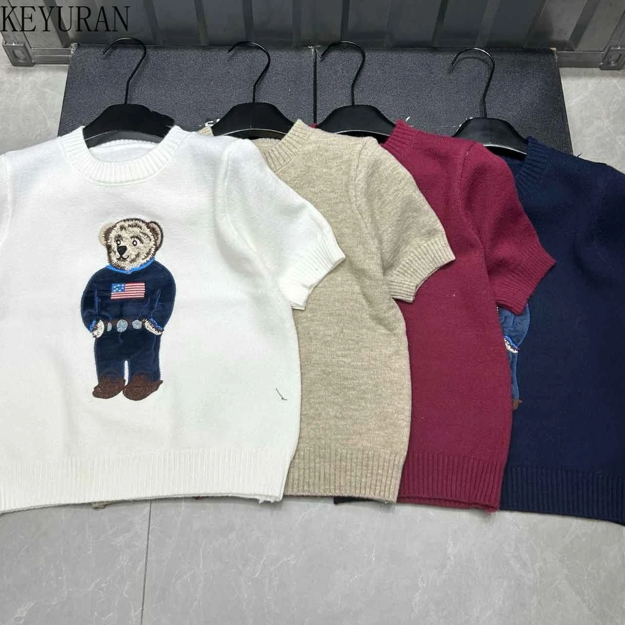 

Summer Cartoon Embroidery Short Sleeve Knitted Sweater T-Shirt Women Tees Ladies Knitwear Jumpers Tops Shirts Casual Pull Femmes