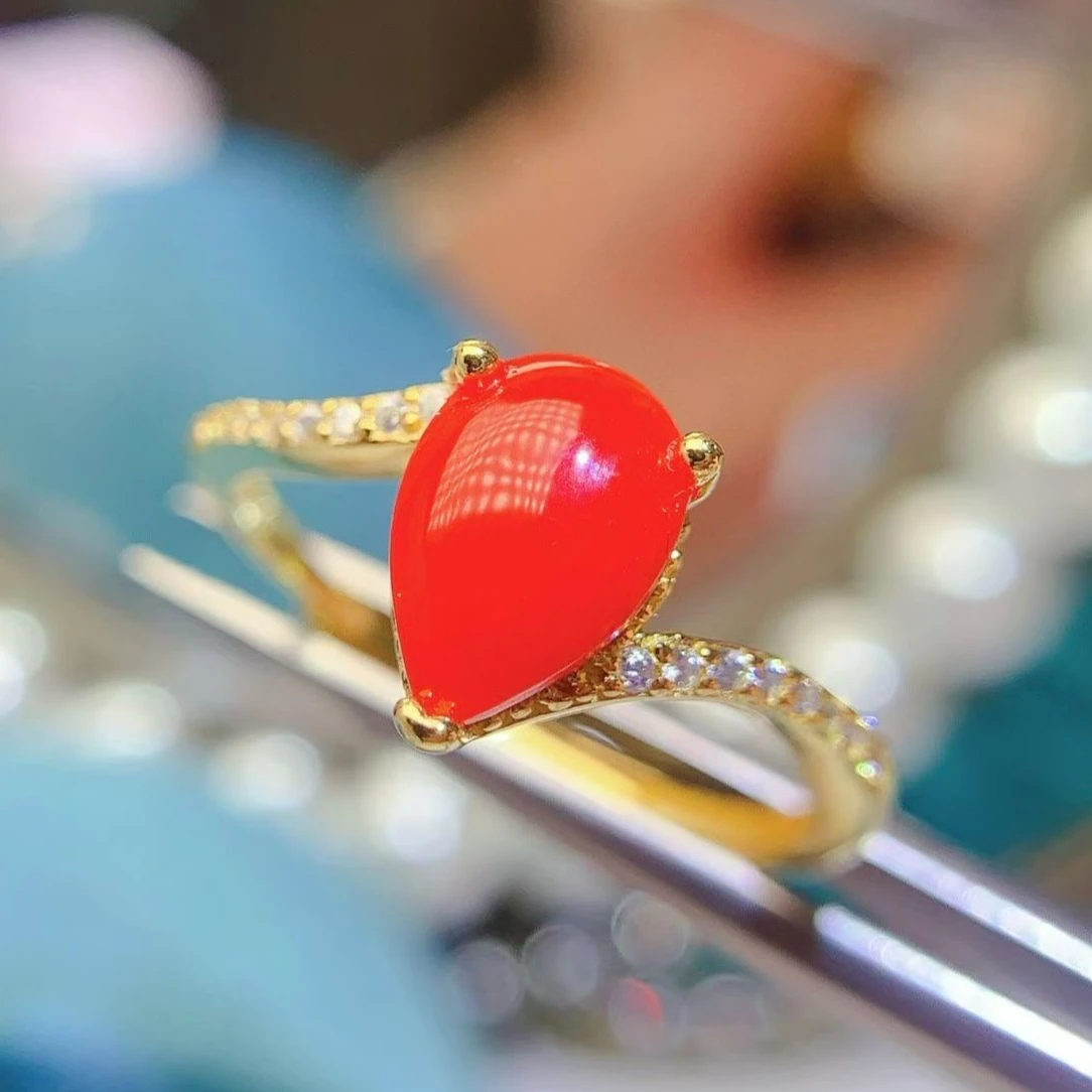 

925 Sterling Silver Natural Red Coral Ring, 6x8mm Pear Cut Genuine Precious Coral Jewelry Twisted Micro Pave Band Fine Jewelry