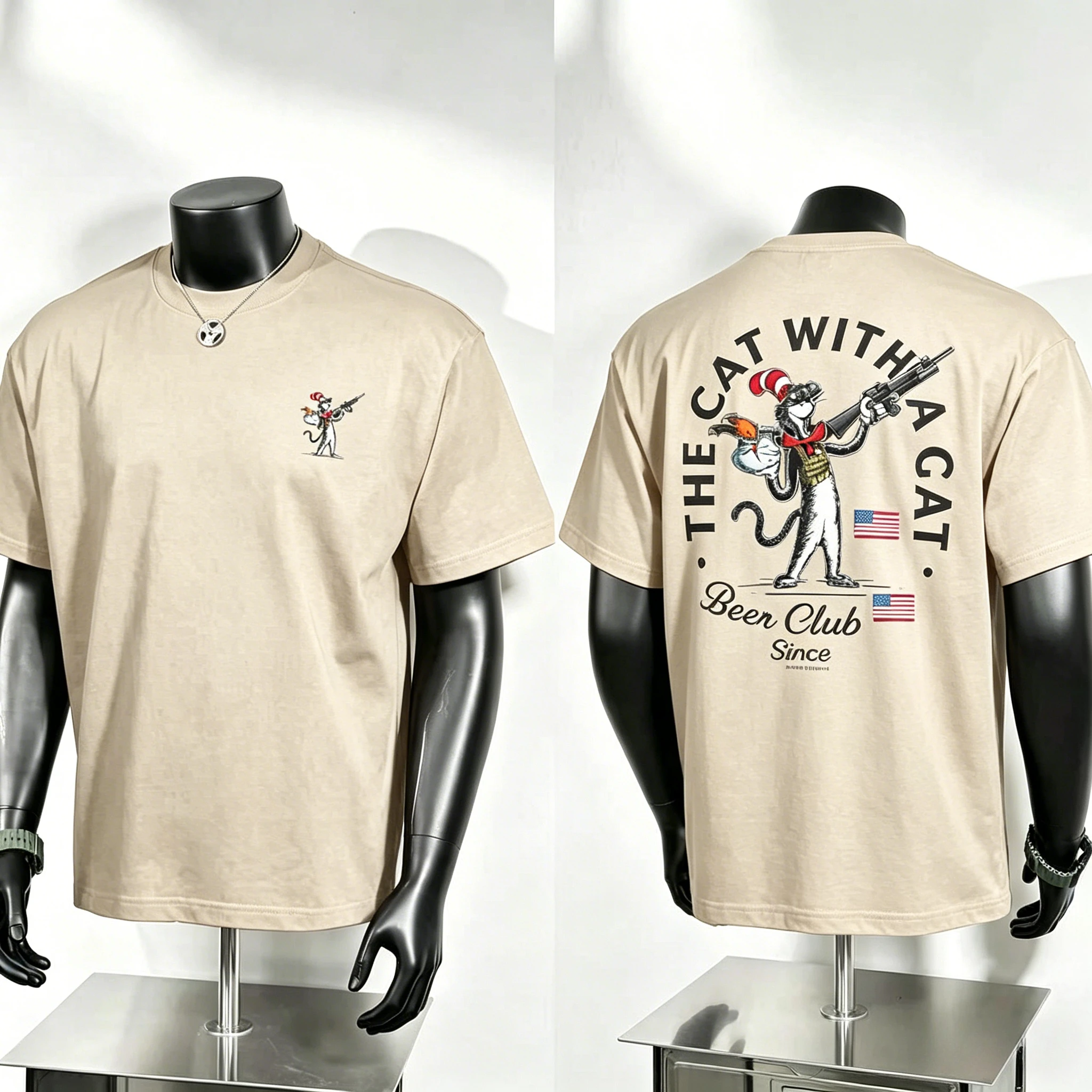 Vintage American Cartoon T Shirt, The Cat with A Gat Letter Surrounding Tactical Cat with Clock Humorous Beer Club Street Tee