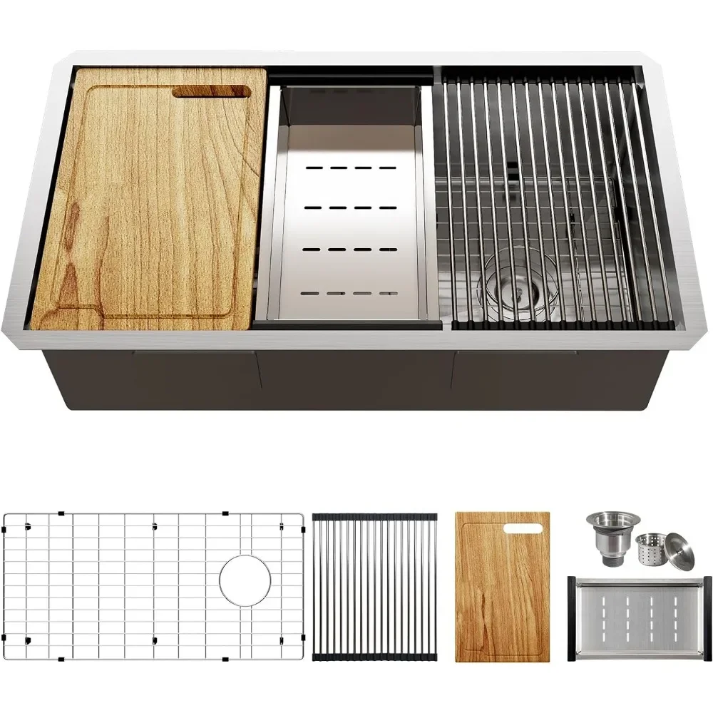 32inch Workstation Kitchen Sink,base Mounted Deep Single Bowl,stainless Steel,worldclass Manufacturing Standard 32 