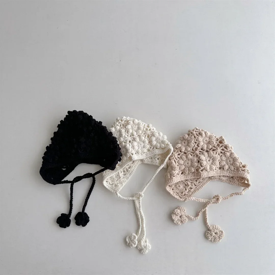 Knitted Baby Hat Kids Girls Handmade Crochet Ear Flap Beanie Cute Hollow Out Warm Spring Headwear Fashion Ear Protection Cap image 6
