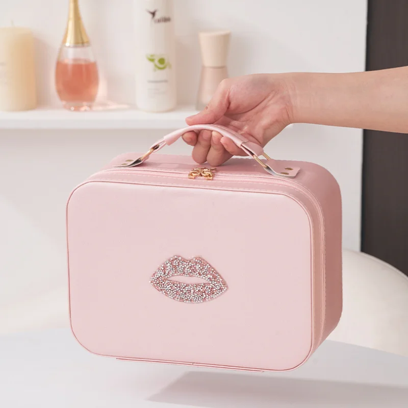 1Pc Makeup Case With Mirror 2 Colors PU Leather Large Capacity High-end Makeup Bag For Cosmetics Storage