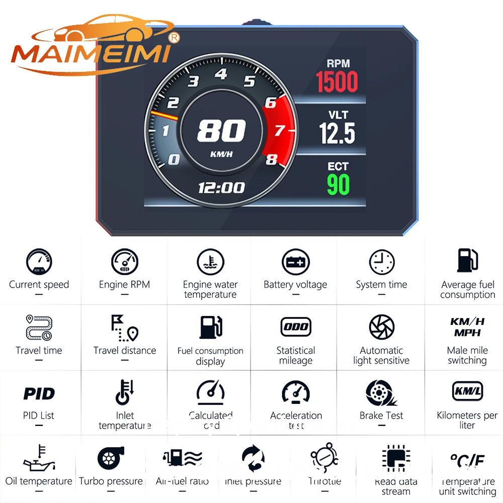 P16 LCD Gauge OBD2 Head Up Display Turbo Boost Oil Pressure Oil Temperature Fuel Consumption Car Speed Gauge