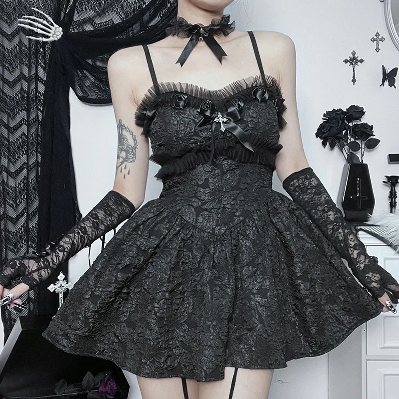 

Women Sexy Mini Party Dress Elegant Streetwear Backless Spaghetti Strap Balck Dress Woman Gothic Lolita Dress Punk Slip