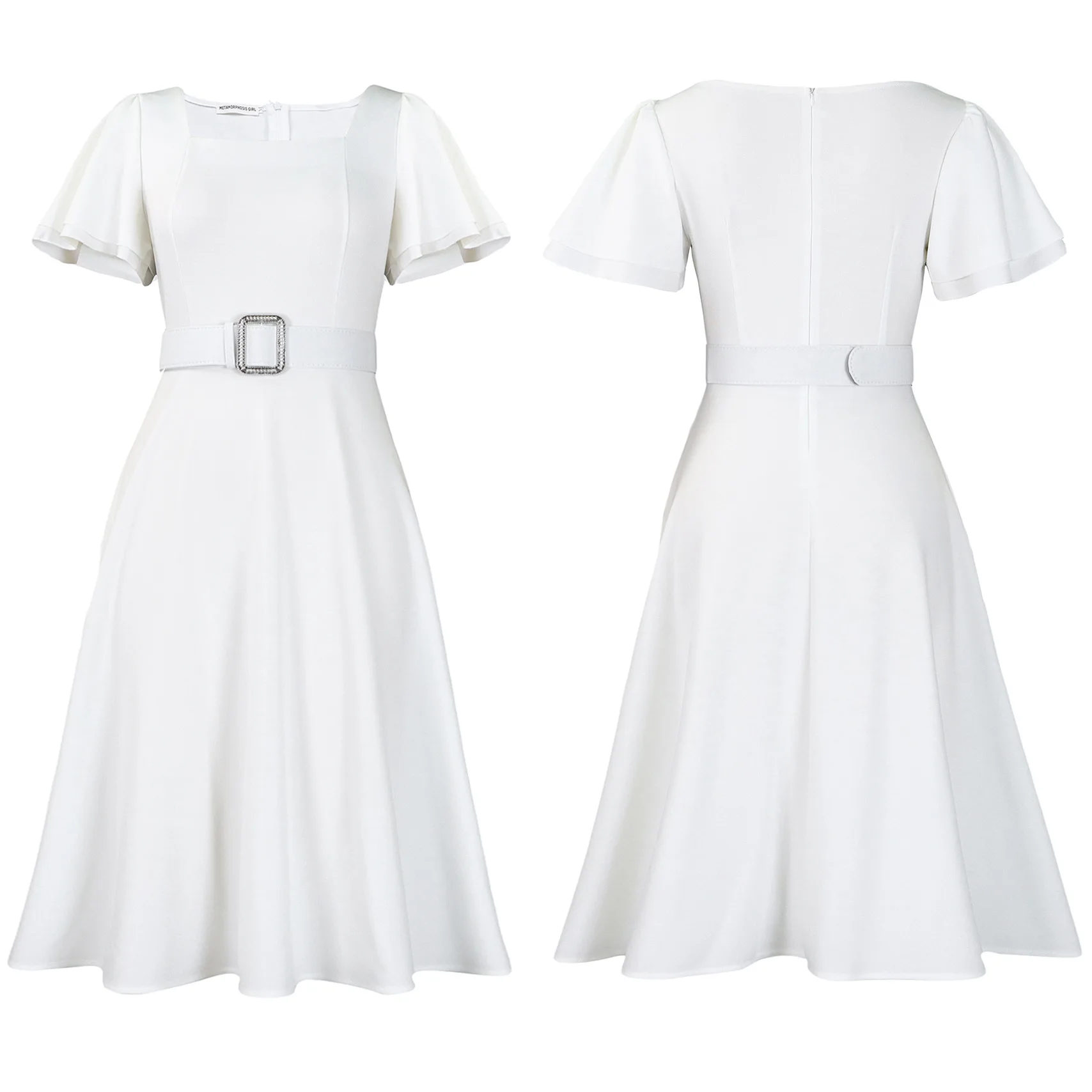 แฟชั่นผู้หญิงขนาดบวกชุด Midi กับเข็มขัดเซ็กซี่สุภาพสตรีสแควร์คอกระดิ่งแขนสั้น A-Line ชุดหลวมบางสําหรับฤดูร้อน