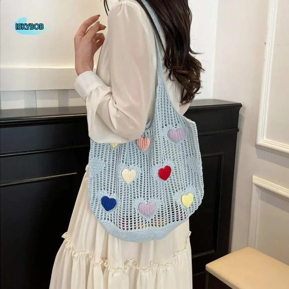 

Плетеная сумка с сердечками для влюбленных, большая сумка, пляжная сумка, пляжная сумка в богемном стиле, большая вместительная полая сумка на плечо