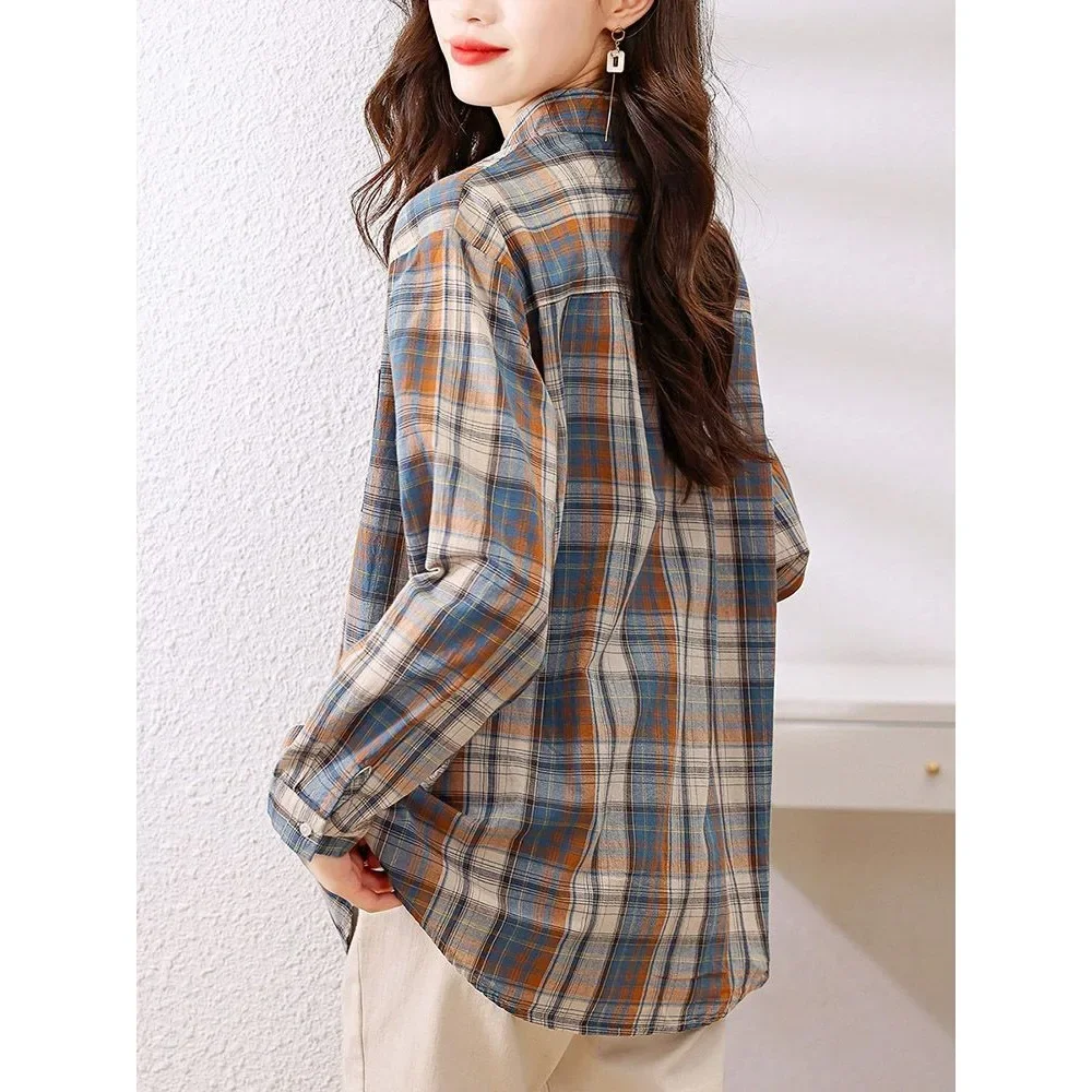 Checkered shirt for women in spring and autumn new fashionable and retro pure cotton shirt worn with a foreign