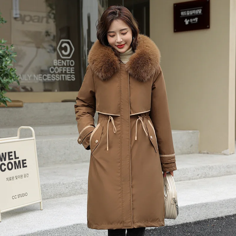 Korean Cotton Lined Winter Parkas Women Faux Fur Collar Hooded Jackets 2023 Warm Cotton Padded Coat Outerwear Female Windbreaker