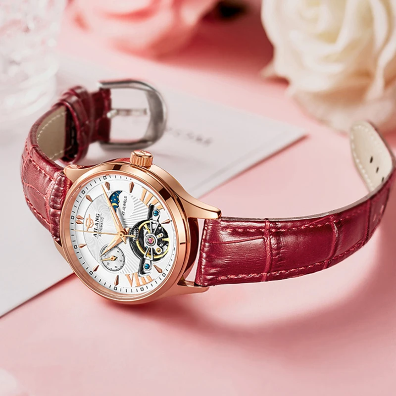 AILANG Luxury Classic Fashion Tourbillon Women Wrist Watch Top Automatic Mechanical Lady Watch Moon Phase Leather Strap Reloj