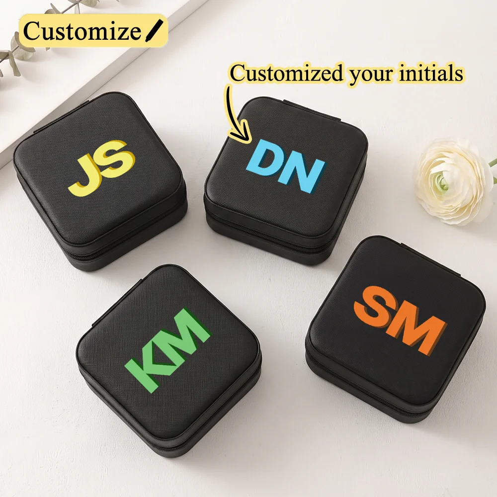 Customized Monogram Initials Jewelry Box,Bridesmaid/Women Gift,Portable Travel Leather Necklace Ring Black Jewelry Storage Box