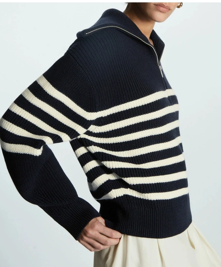 Elegancki sweter w paski, luźny, zapinany na zamek, z włókna poliestrowego, dzianinowy, długi rękaw, regularny krój, idealny do dojazdów do pracy, ciepła odzież zimowa.