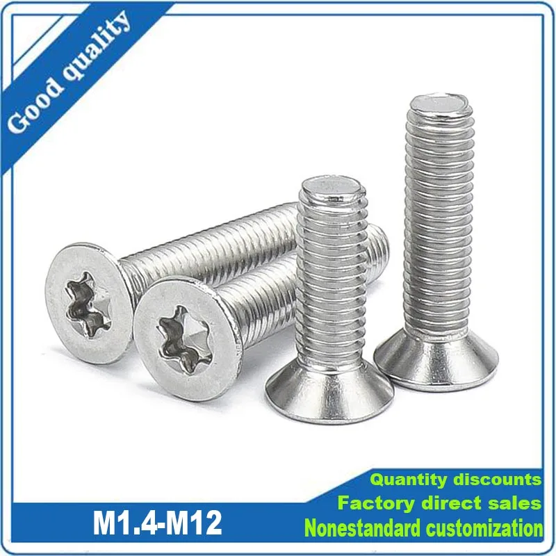 1/50pcs M1.4 M1.6 M2 M2.5 M3 M4 M5 M6 M8 M10 M12 304 A2-70 Stainless Steel GB2673 Six-Lobe Torx Flat Countersunk Head Screw Bolt