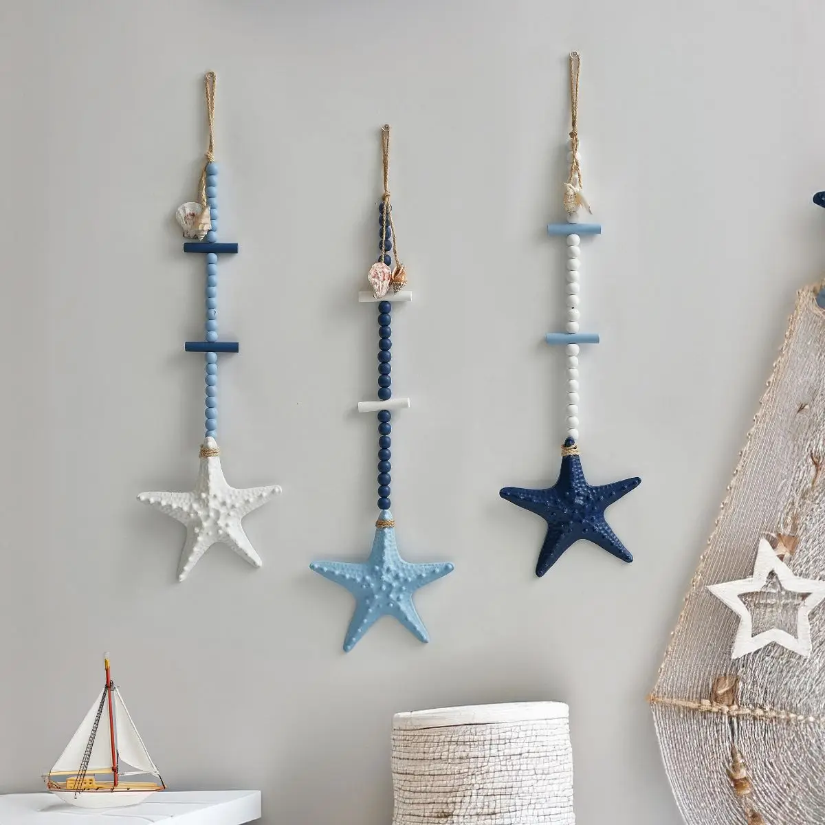 Nautical Style Blue-White Shell Seahorse Pendant Starfish Fish-Shaped Hanging Mediterranean Wall Decoration Ornament
