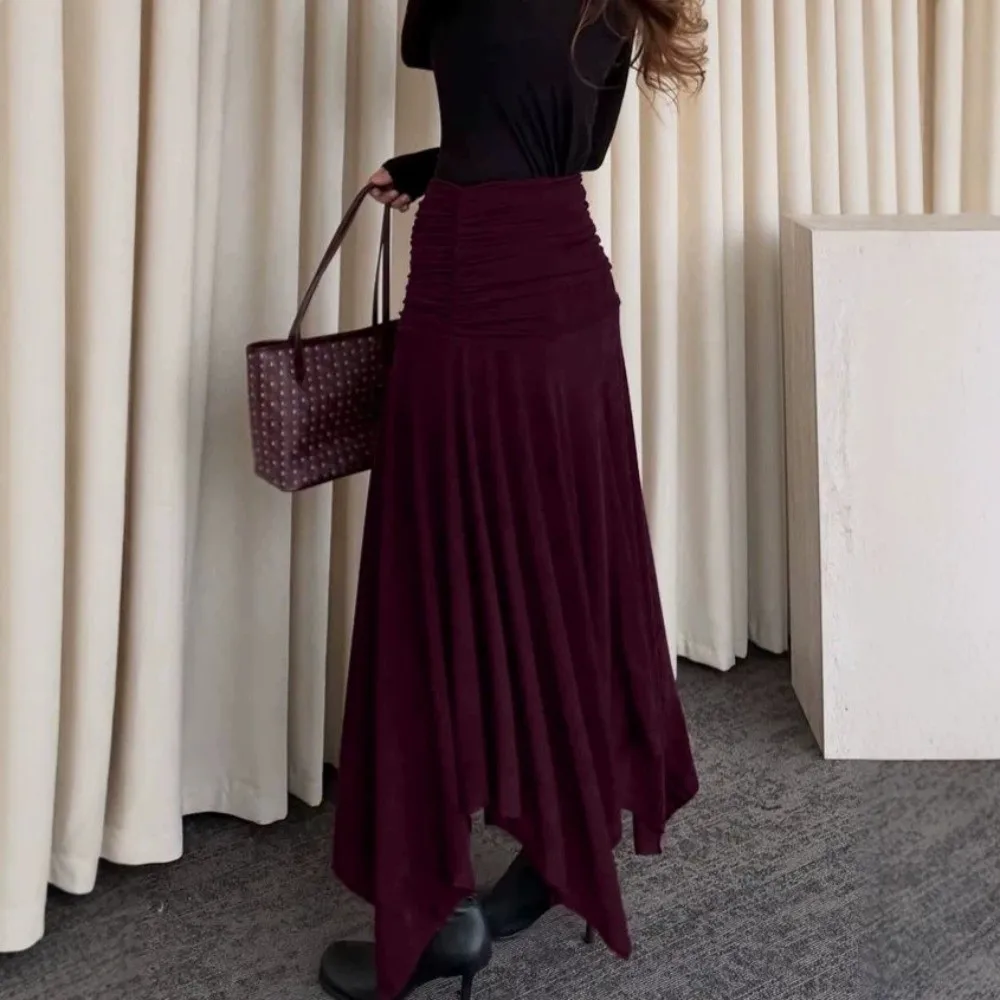 Waist Ruched Knit Maxi Skirt Soft Knit Loose Fit High Waist Skirt Flowy Silhouette Irregular Hem A-Line Skirt Daily Outfit