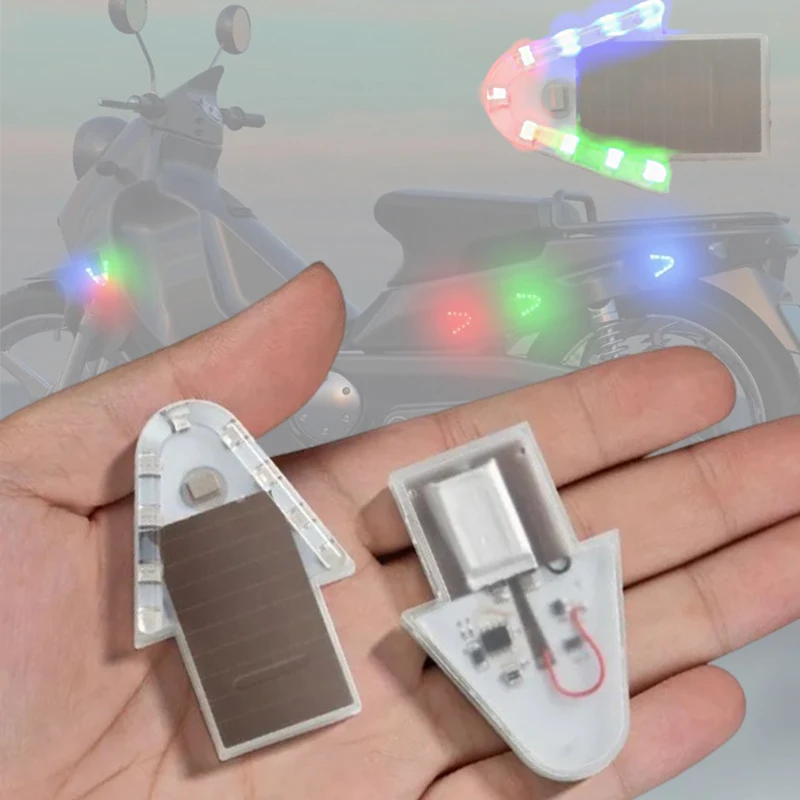 Arrow Shaped LED Strobe Light Solar Powered Motorcycle Front Rear Safety Warning Lamp Colorful Turn Signal Decorative Light