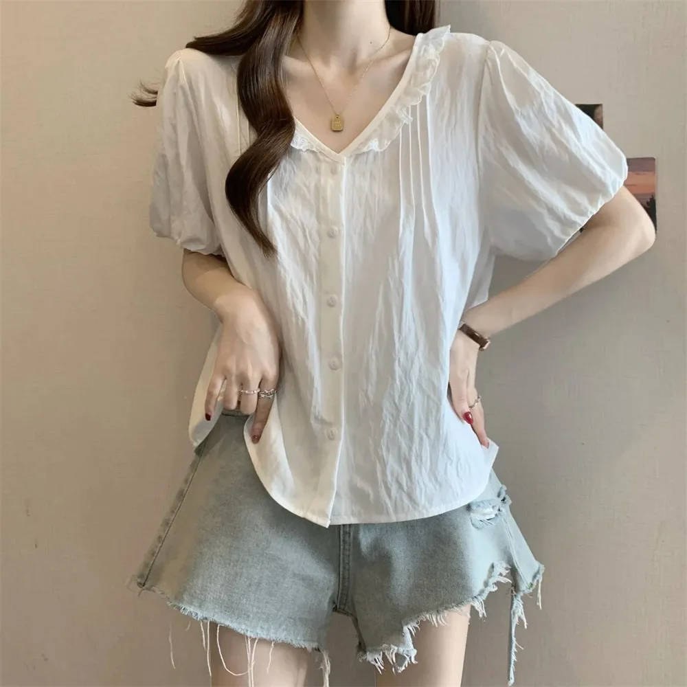 Women White Lace Trim V Neck Puff Sleeve Blouse Summer Casual Button Down Textured Shirt Loose Sweet Elegant Office Fashion Tops