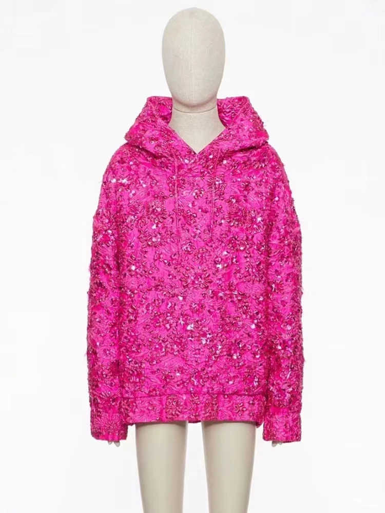 2024 F/W Designer Tops Women's Jacquard Beaded Loose Hooded Hoodie