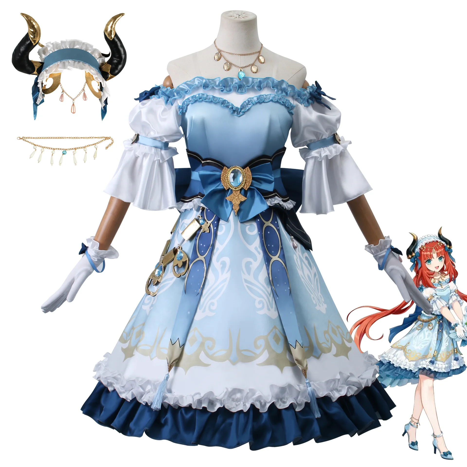 Nilou Cosplay Costume Light Blue  Genshin Impact Nilou Costume Female Fantasy Off-the-Shoulder Dress for Halloween Cosplay