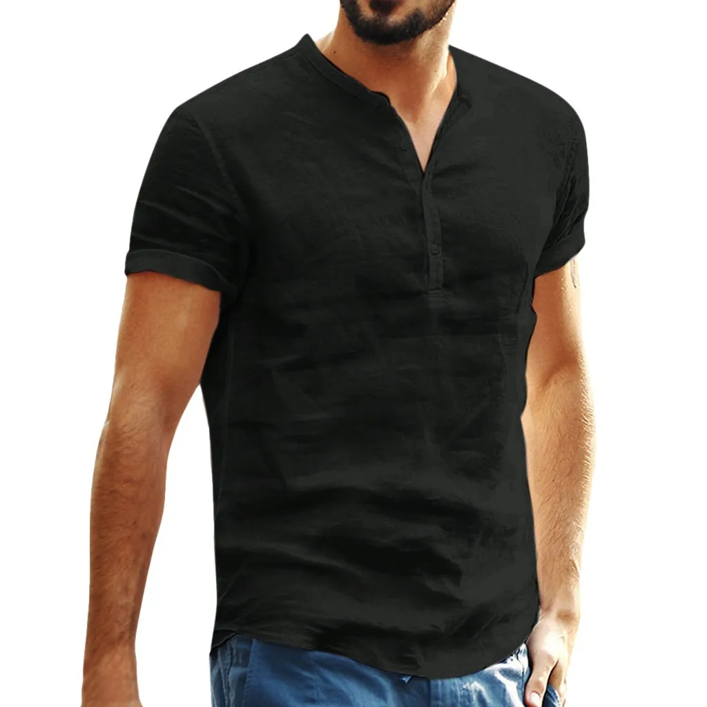 Camisas de linho dos homens do pulôver da luva curta verão respirável dos homens botão v pescoço casual henley camisa magro ajuste camisas de algodão sólido