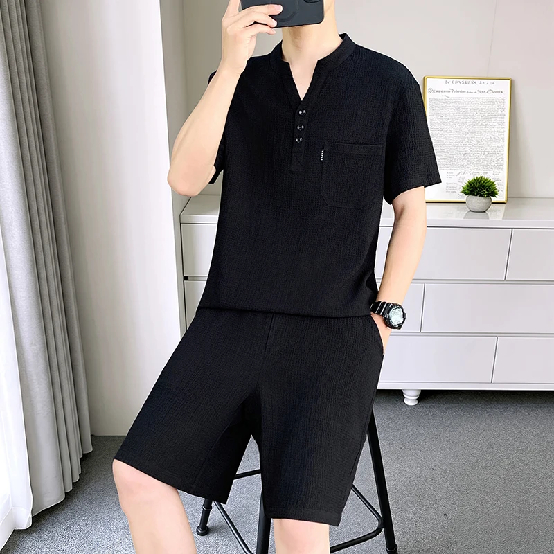 2026 model summer men's classic style lightweight sleeveless short-sleeved cool-temperature elastic suit with V-neck design