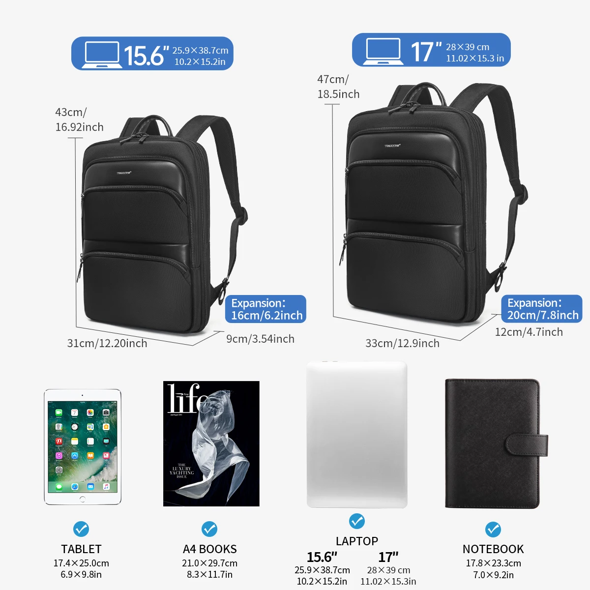 حقائب ظهر قابلة للتوسيع من Tigernu للرجال مقاس 15.6 بوصة حقيبة ظهر للكمبيوتر المحمول للرجال حقائب ظهر رفيعة للأعمال حقيبة سفر مدرسية حقيبة مدرسية جامعية