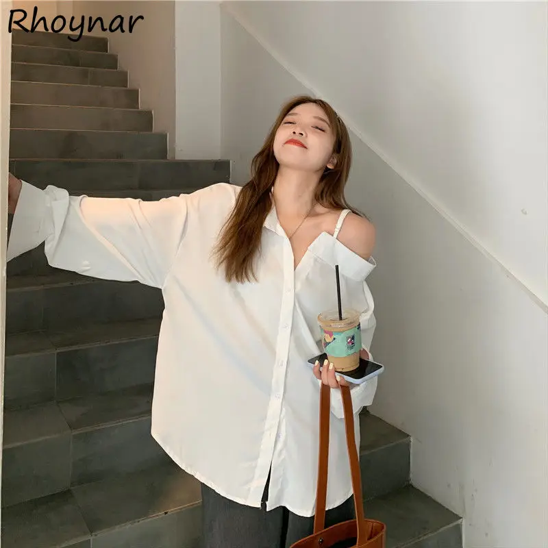 Long Sleeve Shirts Women Off Shoulders Skew Collar Asymmetrical Streetwear Solid Simple Stylish Leisure Sexy Trendy Korean Style