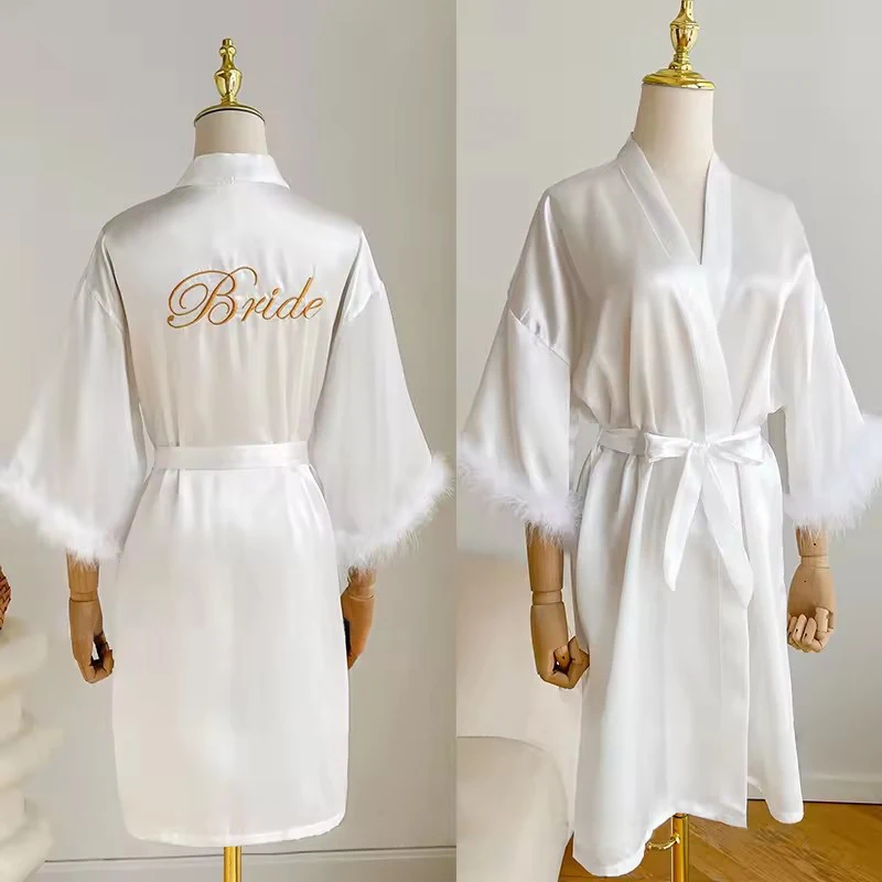 Fur Robe For Women Wedding Morning Robe Side High Split Sexy Pajamas Bride Silk Robe Long Feather Sleeve Female Elegant Dress