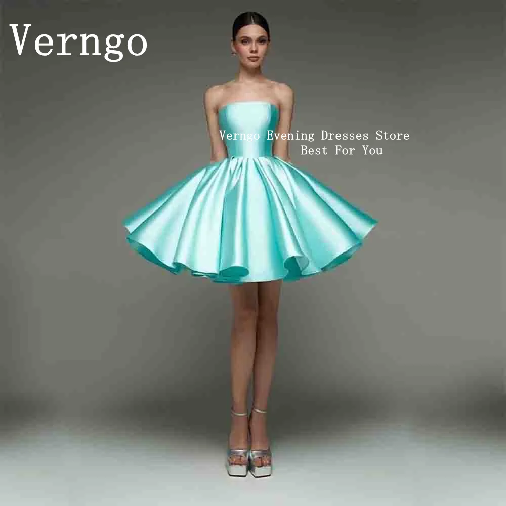 

Verngo Blue Satin Mini Party Dress Teens Homecoming Cocktail Dress Simple Strapless A Line Prom Dress Lace Up Formal Party Gowns