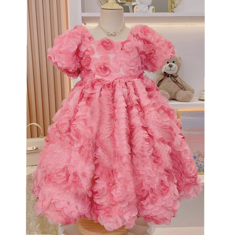 

Sweet Three-dimensional Flower Girls Princess Dress Kids Fashion Square Collar Short Puff Sleeve Dairy Casual Dresses y895