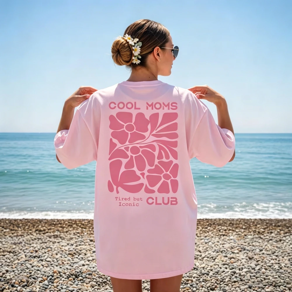 Cool Moms Club Tired But Iconic Graphic Shirt Women Cotton Short Sleeve Boho Abstract Floral Back Print Beach Mom Life Casual T