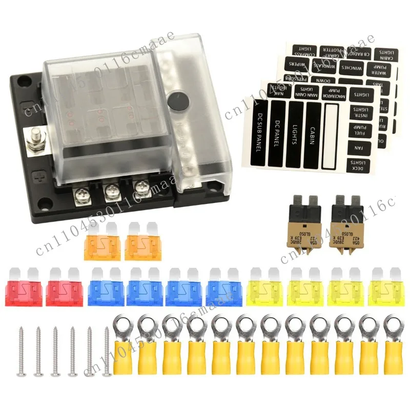 Suitable for Vehicle and Ship Modification, General Fuse Holder 1 in 6 Out, Car Fuse Box Socket with Lamp