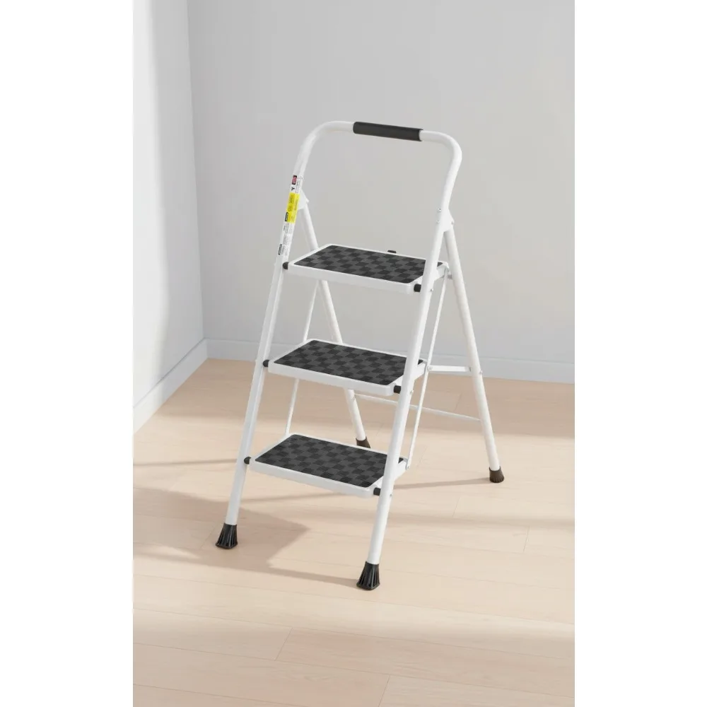 سلم قابل للطي بثلاث خطوات مع دواسة مضادة للانزلاق ومقبض مبطن - تصميم مريح للاستخدام المنزلي